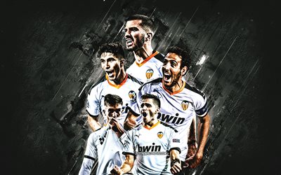 Valencia CF, spanish football club, Valencia CF players, Valencia, Spain, stone background, football, Ferran Torres, Maxi Gomez