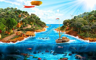 two islands, strait, boat, vegetables art, creative, 3D art, underwater world