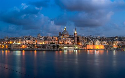 Valletta, evening, sunset, coast, Valletta cityscape, old town, Mediterranean, Malta