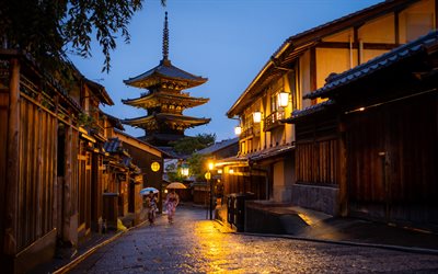 Kyoto, japanese cities, Yasaka Pagoda, street, nightscapes, Japan, Asia