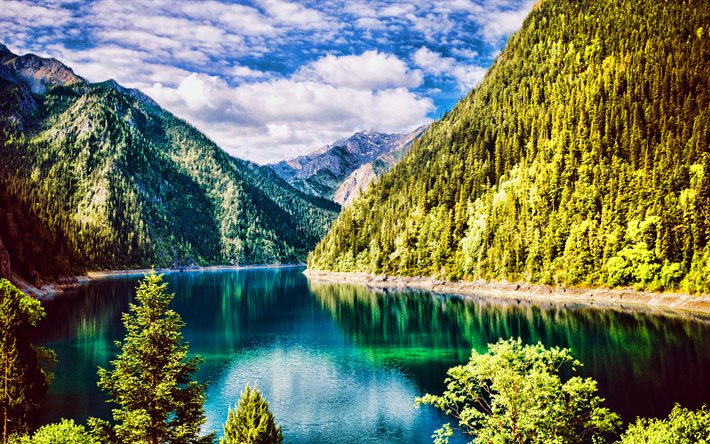 Alpi, 4k, blu, lago, foresta, montagne, HDR, lago di montagna, Europa, natura bellissima