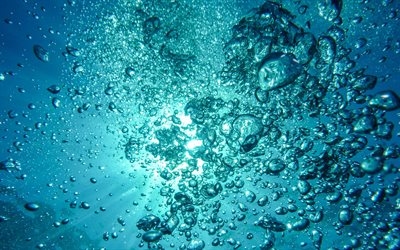 l&#39;acqua bolle, la texture 4k, sott&#39;acqua, bolle, acqua, sfondi, macro, sfondo l&#39;acqua blu, texture, texture bolle