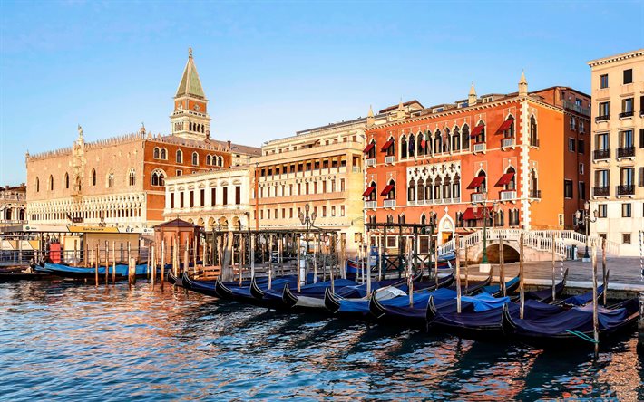 Venice, evening, boats, sunset, Italian city, Venice cityscape, Italy