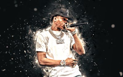 Lil Baby, 4k, american rapper, music stars, concert, Dominique Armani Jones, american celebrity, Lil Baby with microphone, white neon lights, creative, Lil Baby 4K