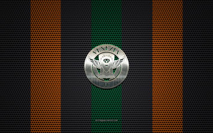 Venezia FC logotipo, italiano, club de f&#250;tbol, el emblema de metal, negro y naranja del metal de malla de fondo, Venezia FC, de la Serie B, Venecia, Italia, el f&#250;tbol