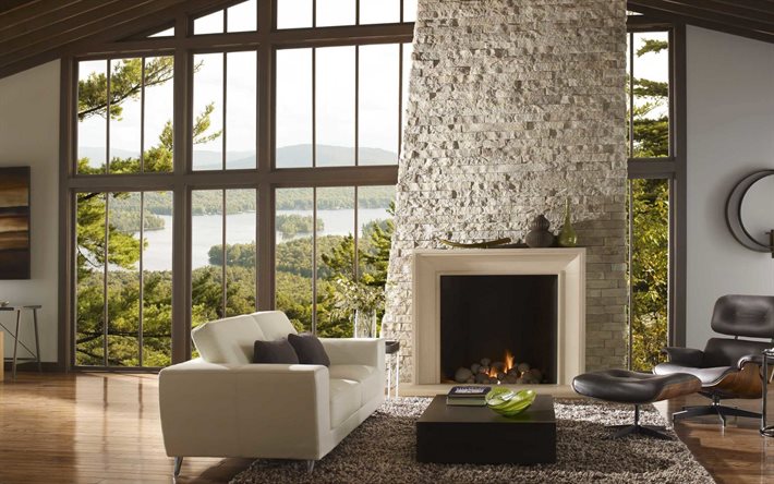 white stone fireplace, living room, stylish interior design, country house, modern interior design