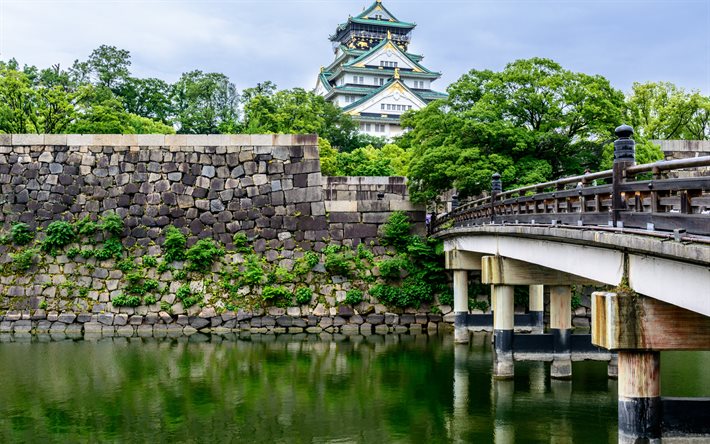 Osaka Slott, Japanska slott, v&#229;ren, vackra palats, landm&#228;rke, bro, park, Osaka, Honshu, Japan