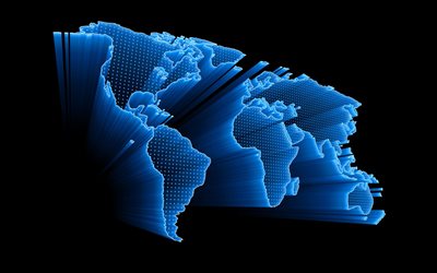 الأزرق 3D خريطة العالم, 4k, الإبداعية, خرائط 3D, خريطة العالم مفهوم, خلفيات سوداء, العمل الفني, خرائط العالم