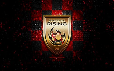 Phoenix Rising FC, glitter logo, USL, red black checkered background, USA, american soccer team, Phoenix Rising, United Soccer League, Phoenix Rising logo, mosaic art, soccer, football, America