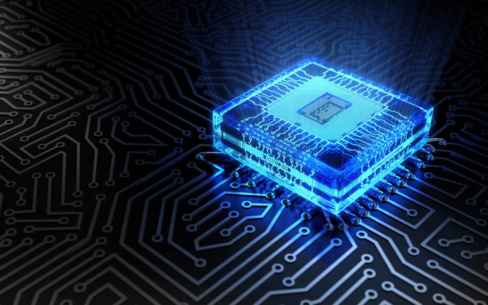 blue chip 3D, 4k, conceitos de tecnologia, Arte 3D, microchip, placa-m&#227;e, chip, a tecnologia digital, placa de circuito