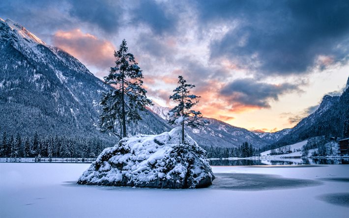 Hintersee G&#246;l, Alpler, kış, Berchtesgaden Milli Parkı, Bavyera, g&#252;zel bir doğa, Almanya, Avrupa