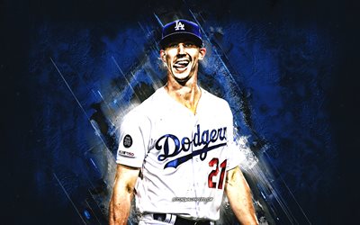 Walker Buehler, MLB, Los Angeles Dodgers, american baseball player, portrait, blue stone background, baseball, Major League Baseball