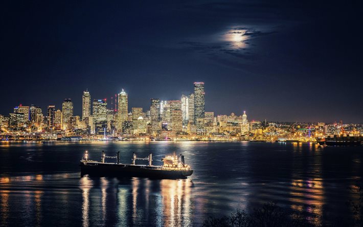Seattle, Elliott Bay, night, cityscape, skyline, skyscrapers, night city, modern buildings, Washington, USA