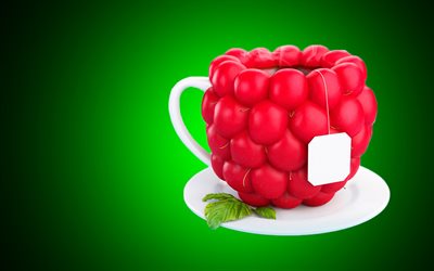 raspberry tea, 3D art, tea cup, green background, creative, 3D cup, raspberry