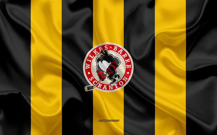 Wilkes-Barre Scranton Pinguins, Americana De H&#243;quei Clube, emblema, seda bandeira, amarelo-preto de seda textura, AHL, Wilkes-Barre Scranton Pinguins logotipo, Wilkes-Barre, &quot;PARA, EUA, h&#243;quei, American Hockey League