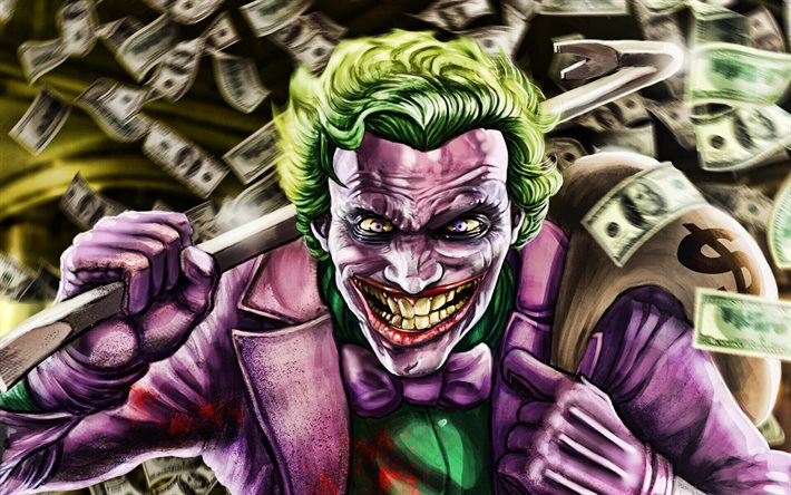Joker with dollars, 3D art, supervillain, fan art, money, artwork, Joker