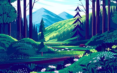 abstract summer landscape, forest, mountains, abstract nature backgrounds, abstract mountains landscape, artwork, abstract landscape