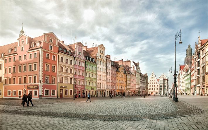 Wroclaw, Piazza del Mercato, sera, Breslavia, citt&#224;, edifici antichi, Polonia