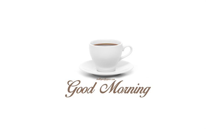 Bonjour, blanc tasse de caf&#233;, fond blanc, caf&#233; du matin, de bon matin le souhaitez, de bon matin concepts