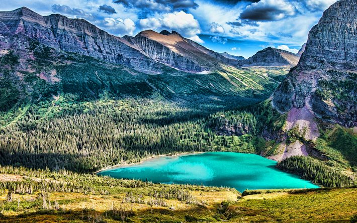 Grinnell Lago, HDR, bela natureza, Glacier National Park, montanhas, floresta, EUA, Am&#233;rica