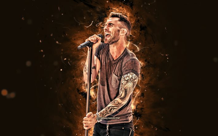 Adam Levine, 4k, brown neon lights, american singer, Maroon 5, music stars, creative, Adam Noah Levine, american celebrity, Adam Levine with microphone, superstars, Adam Levine 4K
