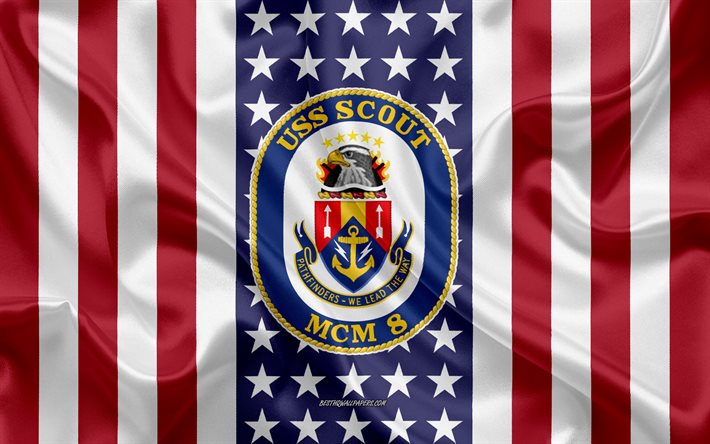 USS Scout Emblem, MCM-8, American Flag, US Navy, USA, USS Scout Badge, US warship, Emblem of the USS Scout