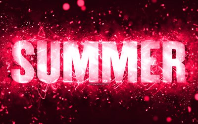Happy Birthday Summer, 4k, pink neon lights, Summer name, creative, Summer Happy Birthday, Summer Birthday, popular american female names, picture with Summer name, Summer