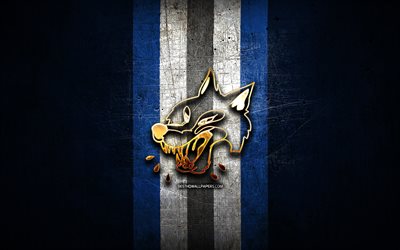 Wolves de Sudbury, logo dor&#233;, OHL, fond bleu m&#233;tal, &#233;quipe canadienne de hockey, logo des Wolves de Sudbury, hockey, Canada