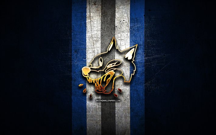 Sudbury Wolves, golden logo, OHL, blue metal background, canadian hockey team, Sudbury Wolves logo, hockey, Canada