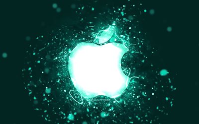 Logotipo da Apple turquesa, 4k, luzes de neon turquesa, fundo criativo, turquesa abstrato, logotipo da Apple, marcas, Apple