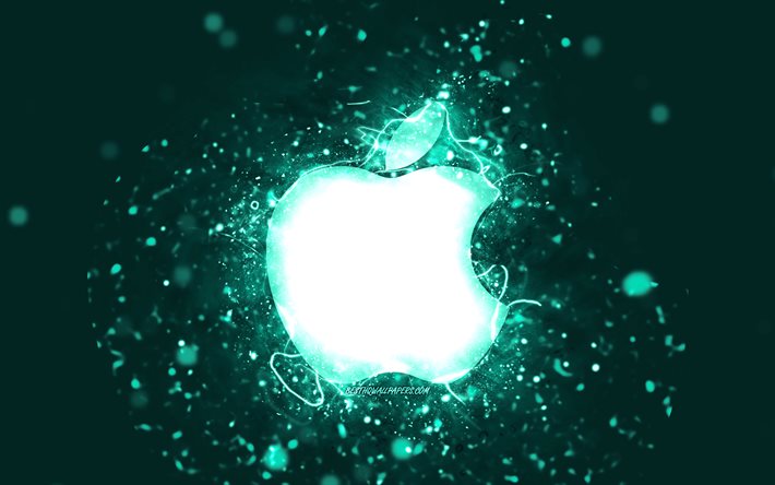 Apple turkos logotyp, 4k, turkosa neonljus, kreativ, turkos abstrakt bakgrund, Apple-logotyp, varum&#228;rken, Apple