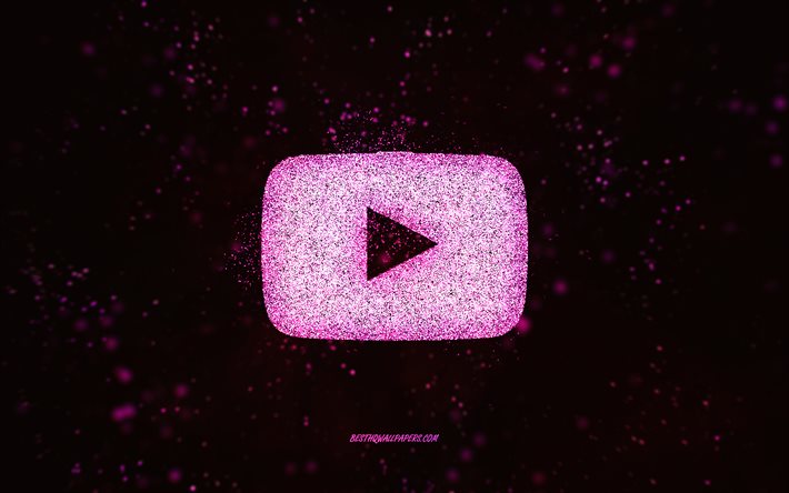 YouTube-kimalluslogo, musta tausta, YouTube-logo, violetti kimallustaide, YouTube, luovaa taidetta, YouTube violetti kimallus logo