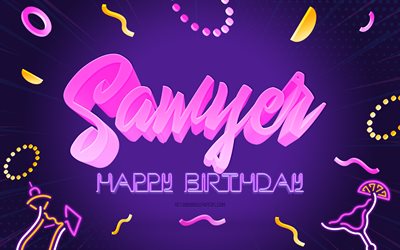 Happy Birthday Sawyer, 4k, Purple Party Background, Sawyer, creative art, Happy Sawyer birthday, Sawyer name, Sawyer Birthday, Birthday Party Background