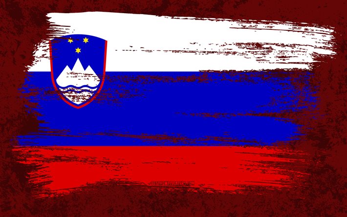 4k, bandiera della Slovenia, bandiere del grunge, paesi europei, simboli nazionali, tratto di pennello, bandiera slovena, arte grunge, Europa, Slovenia