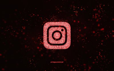 Logo glitter Instagram, sfondo nero, logo Instagram, arte arancione glitter, Instagram, arte creativa, logo Instagram arancione glitter