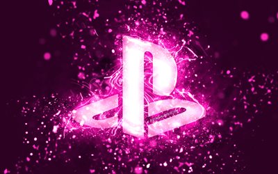 PlayStation purple logo, 4k, purple neon lights, creative, purple abstract background, PlayStation logo, PlayStation