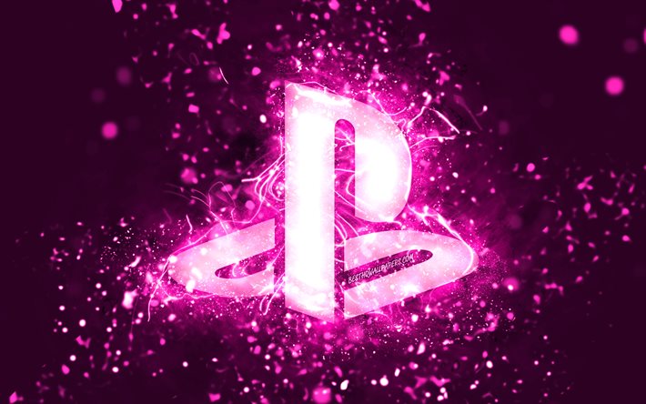 PlayStationin violetti logo, 4k, violetit neonvalot, luova, violetti abstrakti tausta, PlayStation-logo, PlayStation