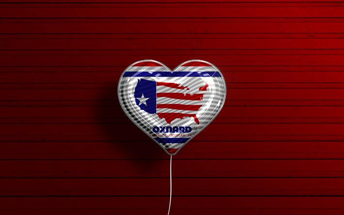 J&#39;aime Oxnard, Californie, 4k, ballons r&#233;alistes, fond en bois rouge, villes am&#233;ricaines, drapeau d&#39;Oxnard, ballon avec drapeau, Oxnard