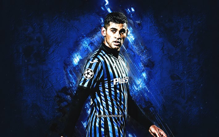 Cristian Romero, Atalanta, argentiinalainen jalkapalloilija, muotokuva, sininen kivi tausta, Serie A, Italia, jalkapallo