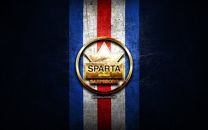 Sparta Sarpsborg, logotipo dourado, Eliteserien, fundo de metal azul, time de h&#243;quei noruegu&#234;s, Fjordkraft-ligaen, logotipo Sparta Sarpsborg, h&#243;quei, Noruega, Sparta Sarpsborg Ishockey, HC Sparta Warriors