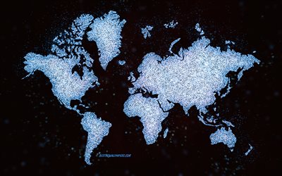 Mapa mundial de glitter, fundo preto, mapa mundial, arte azul glitter, conceitos de mapa mundial, arte criativa, mapa mundial azul, mapa de continentes