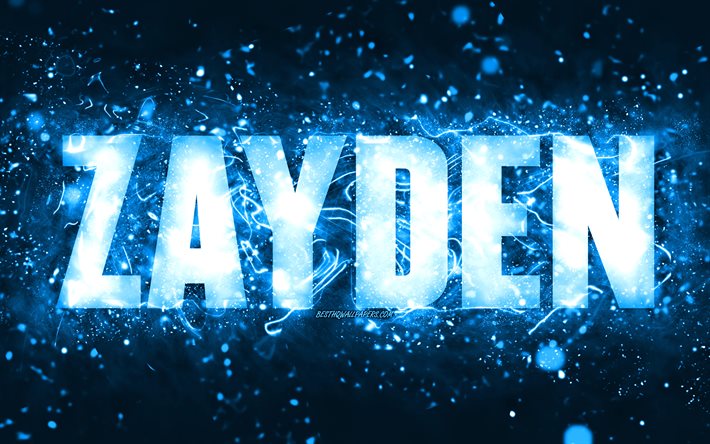 Buon compleanno Zayden, 4k, luci al neon blu, nome Zayden, creativo, buon compleanno Zayden, compleanno Zayden, nomi maschili americani popolari, foto con nome Zayden, Zayden