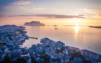 Alesund, 4k, sunset, skyline, summer, norwegian cities, Norway, Europe