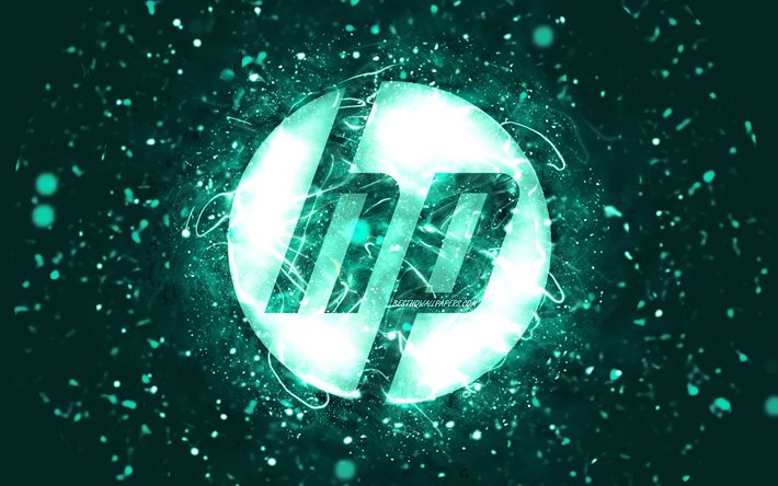 HP turquoise logo, 4k, turquoise neon lights, creative, Hewlett-Packard logo, turquoise abstract background, HP logo, Hewlett-Packard, HP
