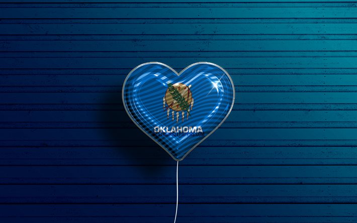 Oklahoma seviyorum, 4k, ger&#231;ek&#231;i balonlar, mavi ahşap arka plan, Amerika Birleşik Devletleri, Oklahoma bayrak kalp, Oklahoma bayrağı, bayraklı balon, Amerikan eyaletleri, Aşk Oklahoma, ABD