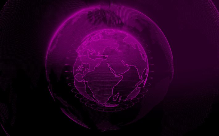 globo digitale viola, sfondo digitale viola, reti tecnologiche, reti globali, sagoma del globo di punti, tecnologia digitale, sfondo tecnologico viola, mappa del mondo