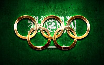 Saudi olympic team, golden olympic rings, Saudi Arabia at the Olympics, creative, Saudi flag, metal background, Saudi Arabia Olympic Team, flag of Saudi Arabia