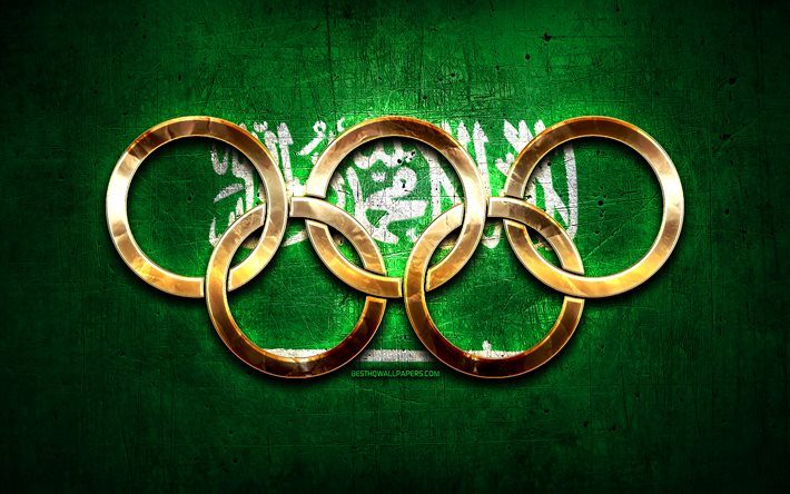 &#201;quipe olympique saoudienne, anneaux olympiques d&#39;or, Arabie saoudite aux Jeux olympiques, cr&#233;atif, drapeau saoudien, fond m&#233;tallique, &#233;quipe olympique d&#39;Arabie saoudite, drapeau de l&#39;Arabie saoudite