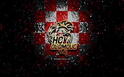 HC Olomouc, glitter logo, Extraliga, red white checkered background, hockey, czech hockey team, Olomouc logo, mosaic art, czech hockey league, Olomouc