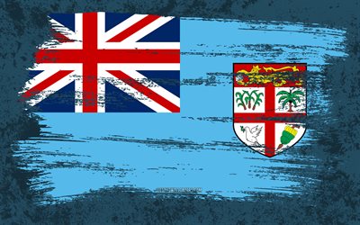 4k, Flag of Fiji, grunge flags, Oceanian countries, national symbols, brush stroke, Fiji flag, grunge art, Oceania, Fiji